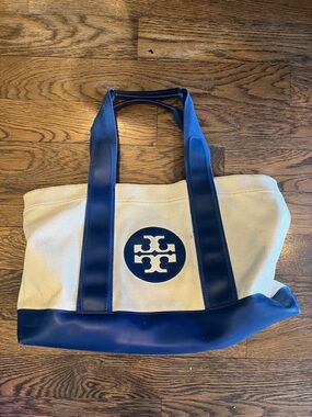 Tory Burch Navy and Cream Logo Canvas Tote need wash